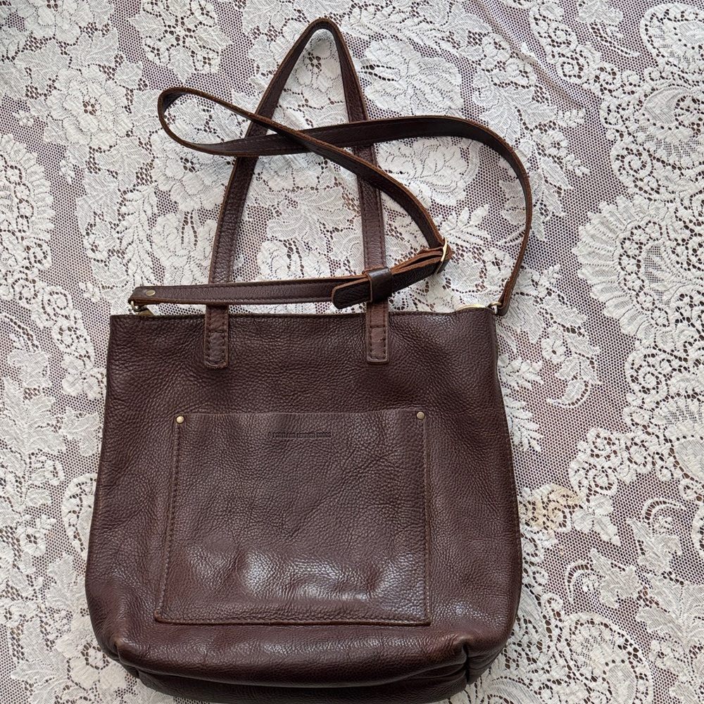 Portland leather goods, crossbody full tote, cold brew.